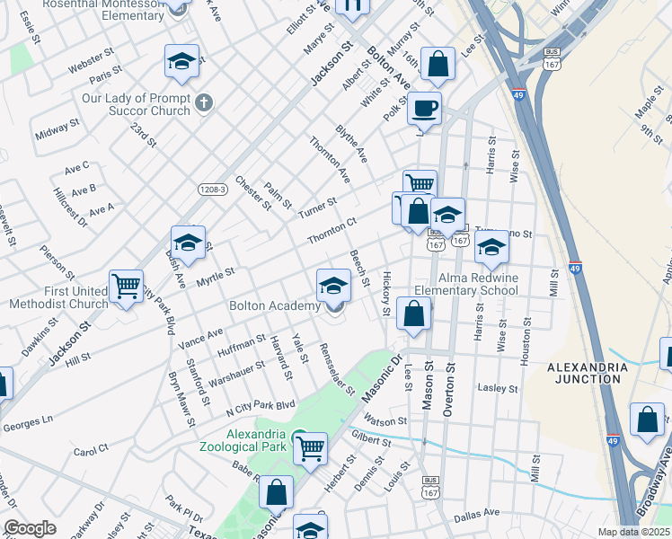 map of restaurants, bars, coffee shops, grocery stores, and more near 1517 Willow Street in Alexandria