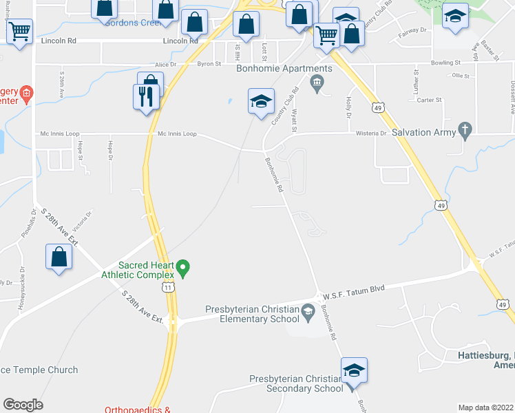 map of restaurants, bars, coffee shops, grocery stores, and more near 20 Saint Claire Parkway in Hattiesburg