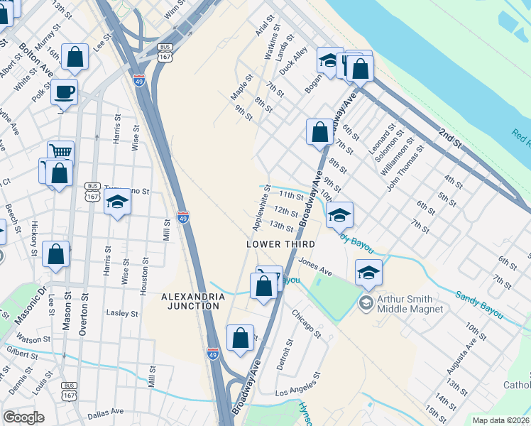 map of restaurants, bars, coffee shops, grocery stores, and more near 2505 12th St in Alexandria