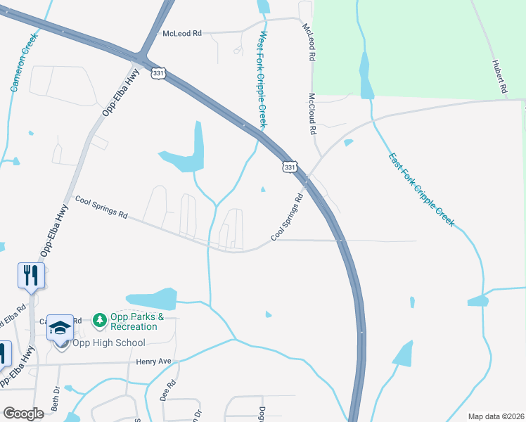 map of restaurants, bars, coffee shops, grocery stores, and more near 600-698 Earnhardt Circle in Opp