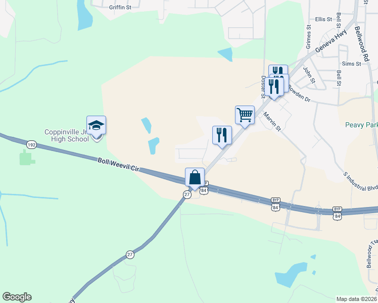 map of restaurants, bars, coffee shops, grocery stores, and more near 1302 Geneva Highway in Enterprise