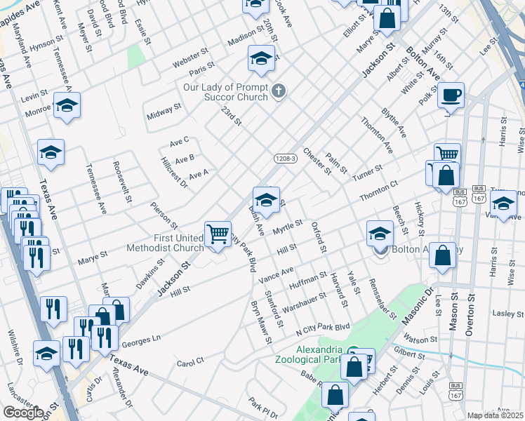 map of restaurants, bars, coffee shops, grocery stores, and more near 825 Bush Avenue in Alexandria