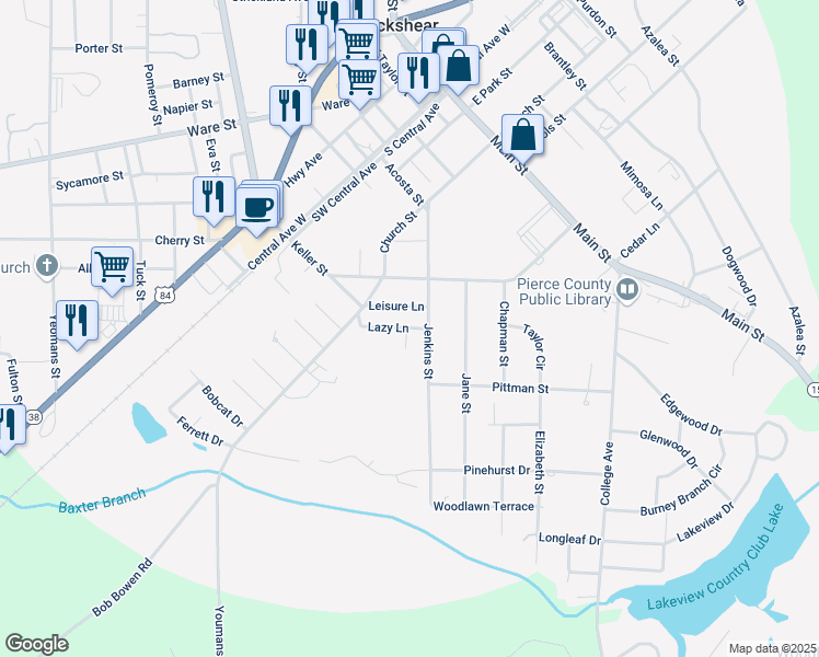 map of restaurants, bars, coffee shops, grocery stores, and more near 523 Lazy Lane in Blackshear