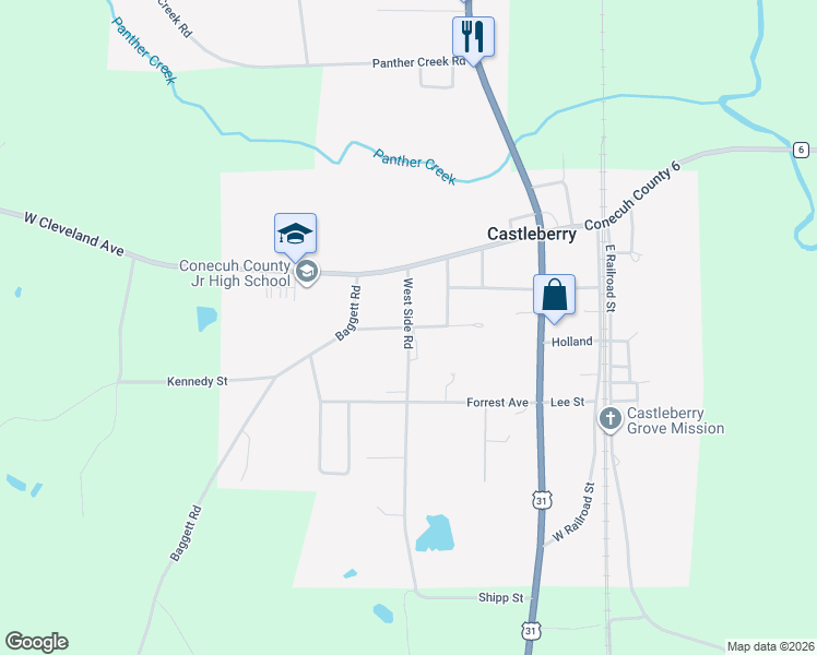 map of restaurants, bars, coffee shops, grocery stores, and more near Ridge Road in Castleberry