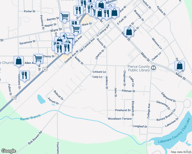 map of restaurants, bars, coffee shops, grocery stores, and more near 523 Lazy Lane in Blackshear
