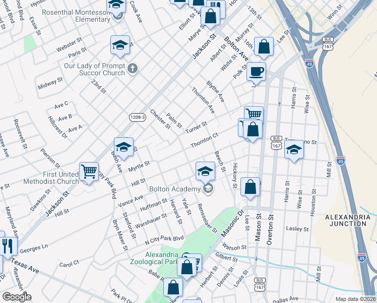 map of restaurants, bars, coffee shops, grocery stores, and more near 2049 Thornton Court in Alexandria