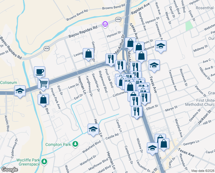 map of restaurants, bars, coffee shops, grocery stores, and more near 408 Post Oak Blvd in Alexandria