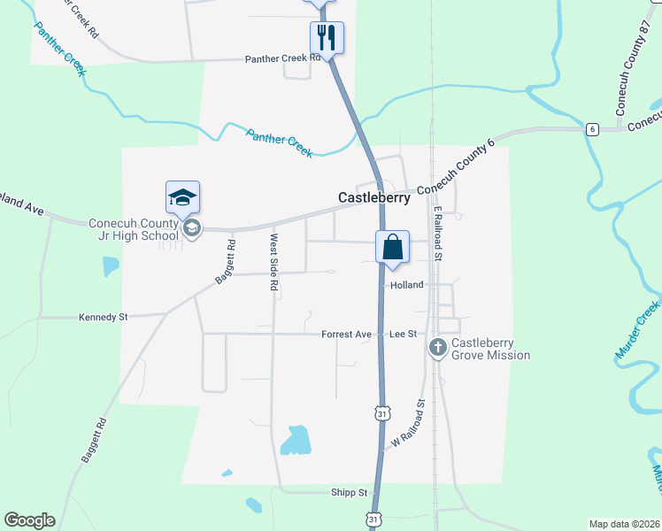 map of restaurants, bars, coffee shops, grocery stores, and more near Ridge Road in Castleberry