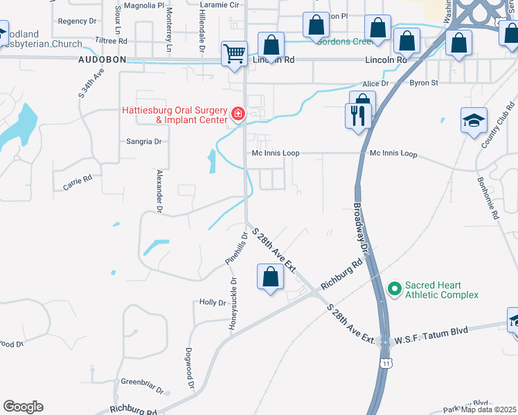 map of restaurants, bars, coffee shops, grocery stores, and more near 1808 South 28th Avenue in Hattiesburg