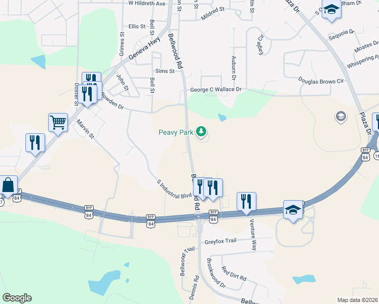 map of restaurants, bars, coffee shops, grocery stores, and more near 1201 Bellwood Road in Enterprise
