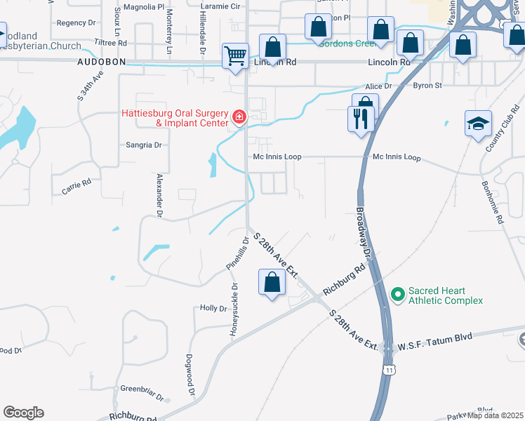 map of restaurants, bars, coffee shops, grocery stores, and more near 1808 South 28th Avenue in Hattiesburg