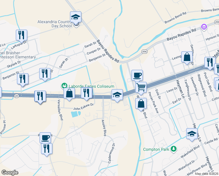 map of restaurants, bars, coffee shops, grocery stores, and more near 5400 Coliseum Boulevard in Alexandria