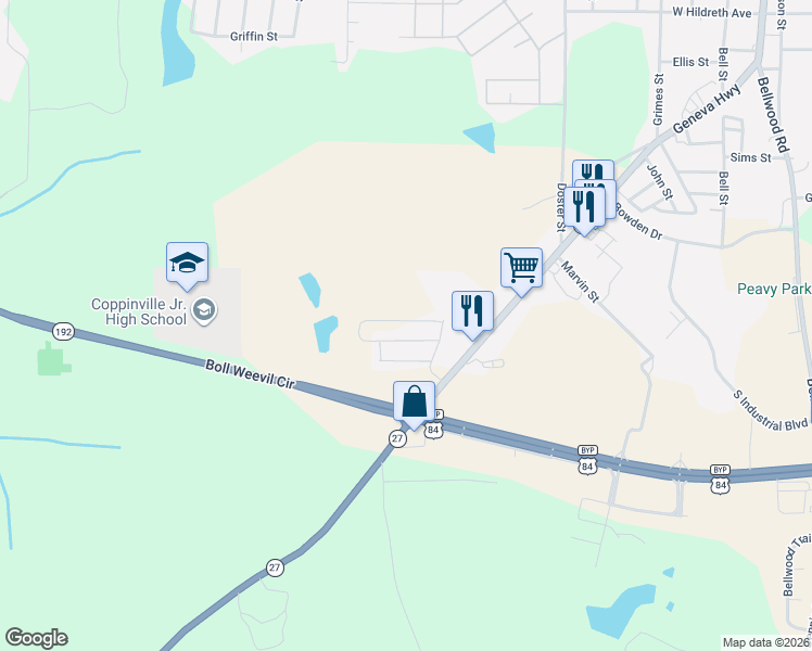 map of restaurants, bars, coffee shops, grocery stores, and more near 1302 Geneva Highway in Enterprise