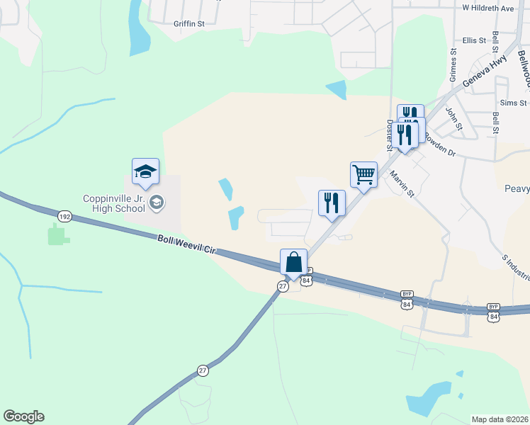 map of restaurants, bars, coffee shops, grocery stores, and more near 1302 Geneva Highway in Enterprise