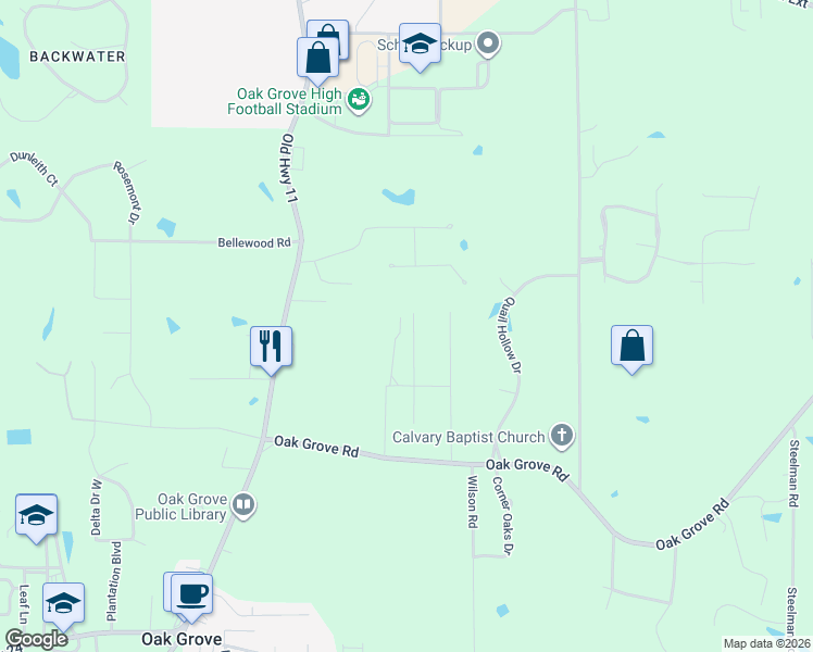 map of restaurants, bars, coffee shops, grocery stores, and more near 3237 Oak Grove Road in Hattiesburg