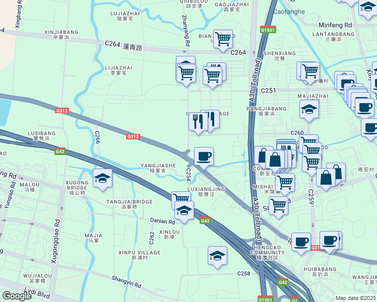map of restaurants, bars, coffee shops, grocery stores, and more near C254 in Su Zhou Shi