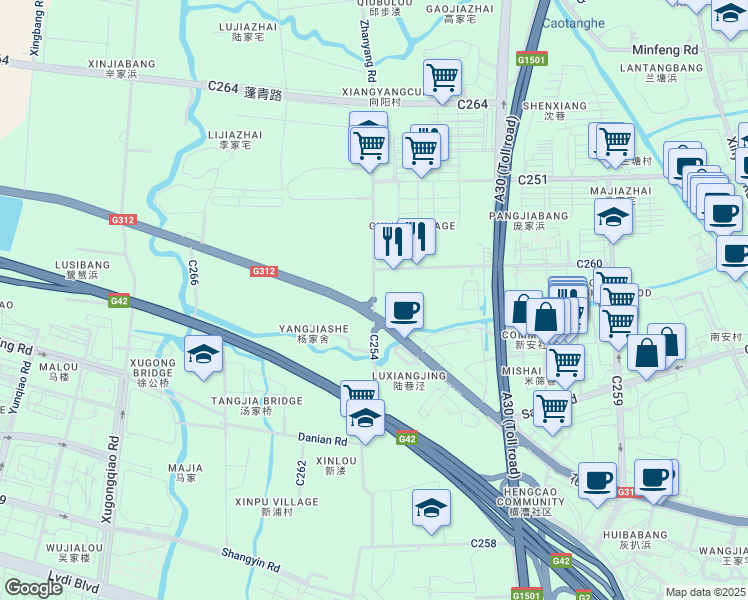 map of restaurants, bars, coffee shops, grocery stores, and more near C254 in Su Zhou Shi
