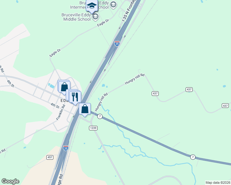 map of restaurants, bars, coffee shops, grocery stores, and more near 119 Hungry Hill Road in Bruceville-Eddy