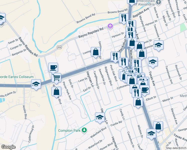 map of restaurants, bars, coffee shops, grocery stores, and more near 203 Tanglewood Drive in Alexandria