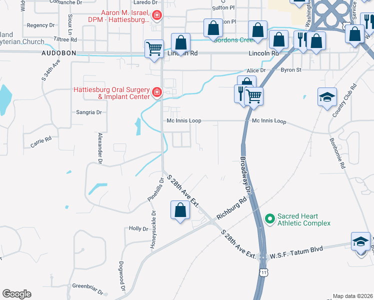 map of restaurants, bars, coffee shops, grocery stores, and more near 100 Woodshire Drive in Hattiesburg