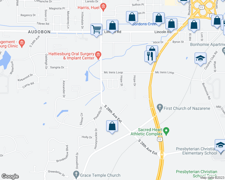 map of restaurants, bars, coffee shops, grocery stores, and more near 202 Woodshire Drive in Hattiesburg