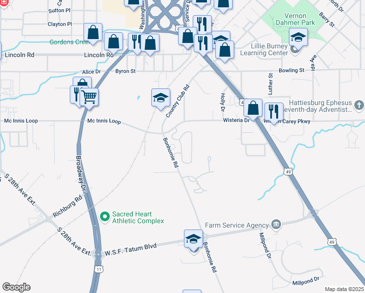 map of restaurants, bars, coffee shops, grocery stores, and more near 78 Wisteria Drive in Hattiesburg