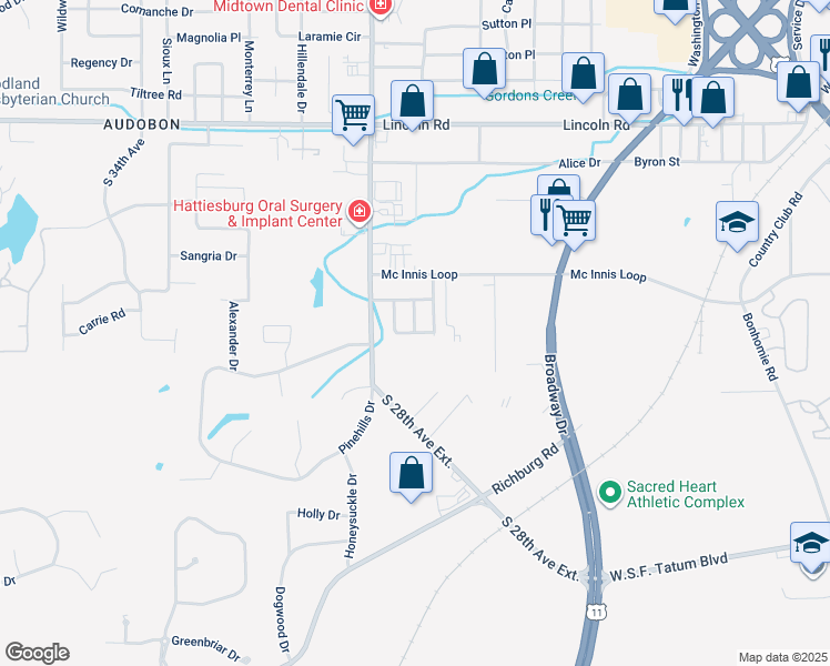 map of restaurants, bars, coffee shops, grocery stores, and more near 315 Woodshire Drive in Hattiesburg