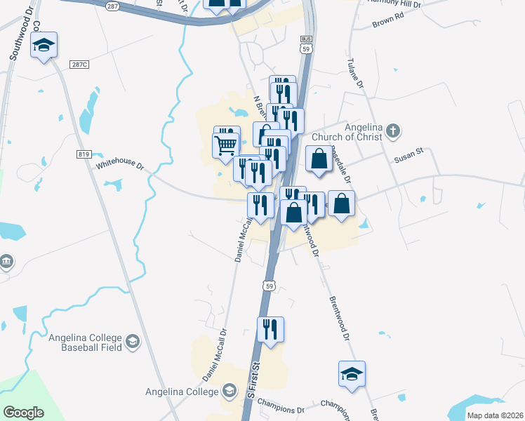 map of restaurants, bars, coffee shops, grocery stores, and more near 2302 South First Street in Lufkin