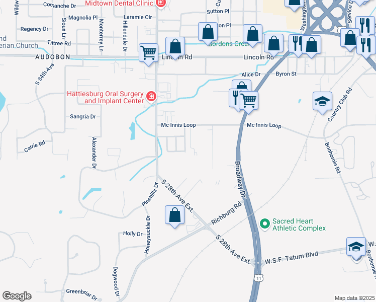 map of restaurants, bars, coffee shops, grocery stores, and more near 230 Sherwood Drive in Hattiesburg