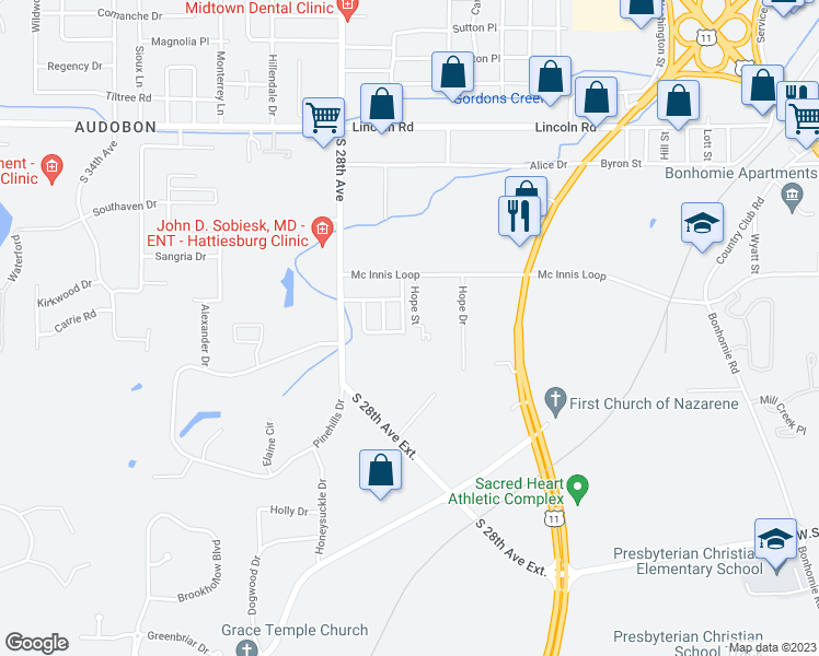 map of restaurants, bars, coffee shops, grocery stores, and more near 118 Sherwood Drive in Hattiesburg