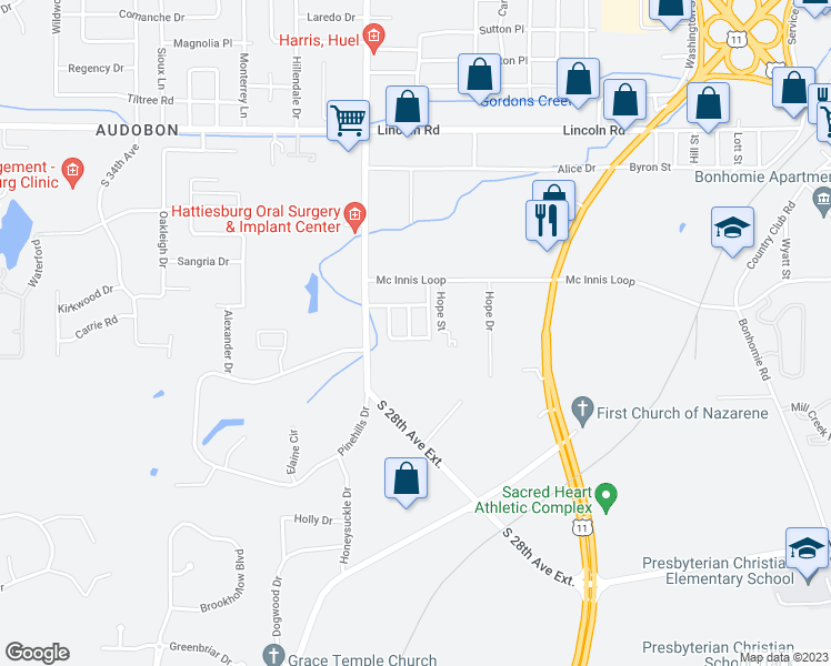 map of restaurants, bars, coffee shops, grocery stores, and more near 126 Westminister Street in Hattiesburg