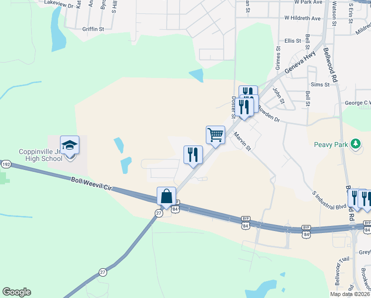 map of restaurants, bars, coffee shops, grocery stores, and more near 1232 Geneva Highway in Enterprise