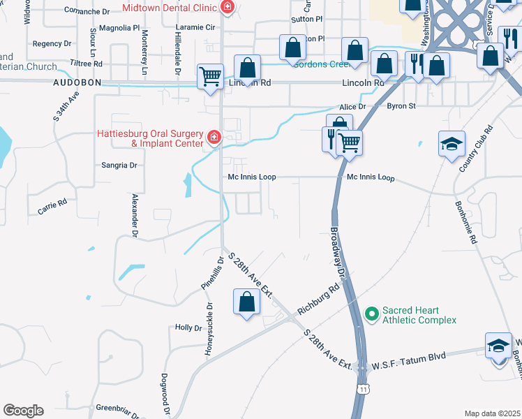 map of restaurants, bars, coffee shops, grocery stores, and more near 206 Sherwood Drive in Hattiesburg