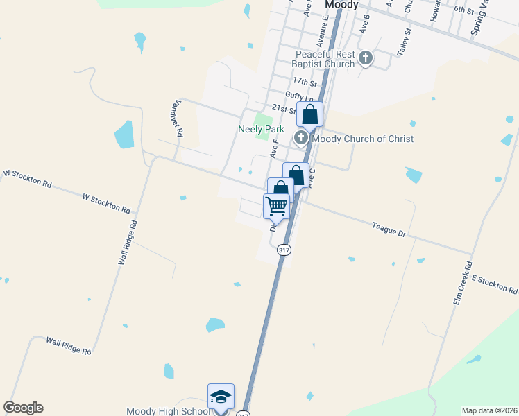 map of restaurants, bars, coffee shops, grocery stores, and more near 101 Rebecca Rd in Moody