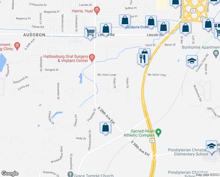 map of restaurants, bars, coffee shops, grocery stores, and more near 233 Sherwood Drive in Hattiesburg