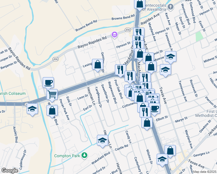 map of restaurants, bars, coffee shops, grocery stores, and more near 212 Ridgewood Boulevard in Alexandria