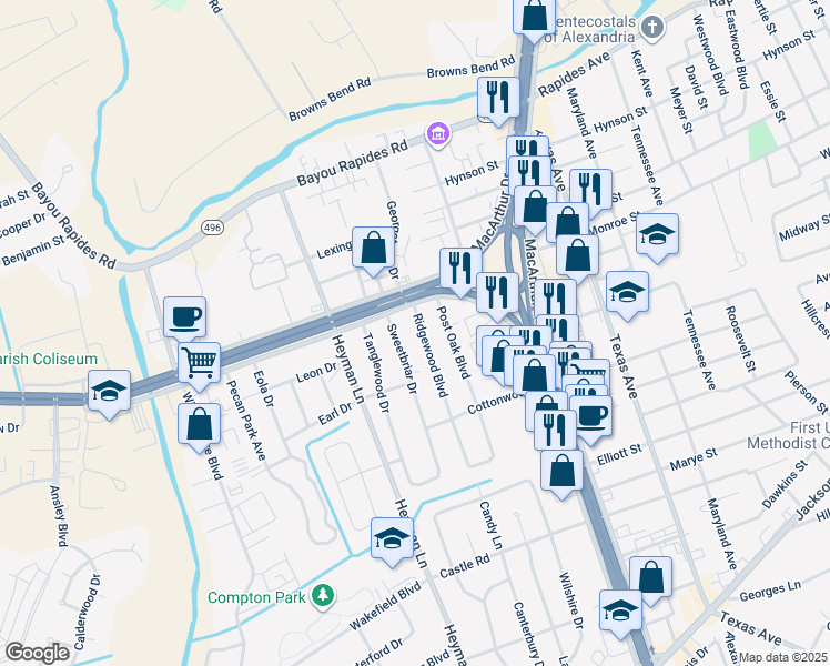 map of restaurants, bars, coffee shops, grocery stores, and more near 212 Ridgewood Boulevard in Alexandria
