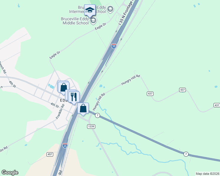 map of restaurants, bars, coffee shops, grocery stores, and more near 119 Hungry Hill Road in Bruceville-Eddy