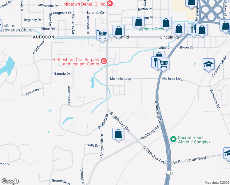 map of restaurants, bars, coffee shops, grocery stores, and more near 117 Westminister Street in Hattiesburg