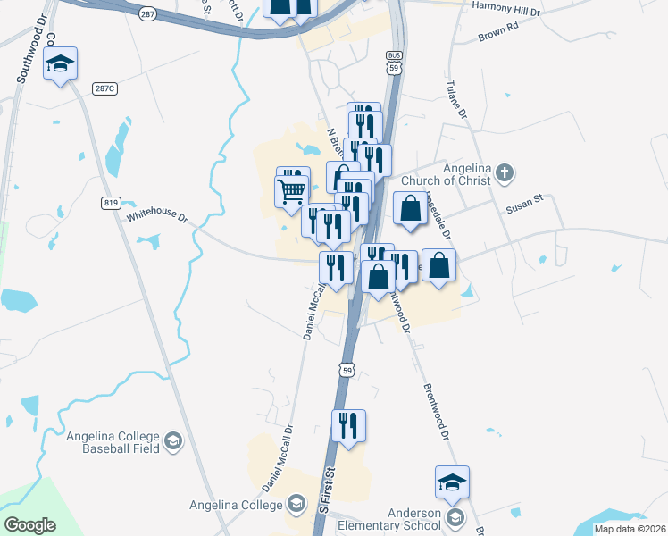 map of restaurants, bars, coffee shops, grocery stores, and more near 2302 South First Street in Lufkin