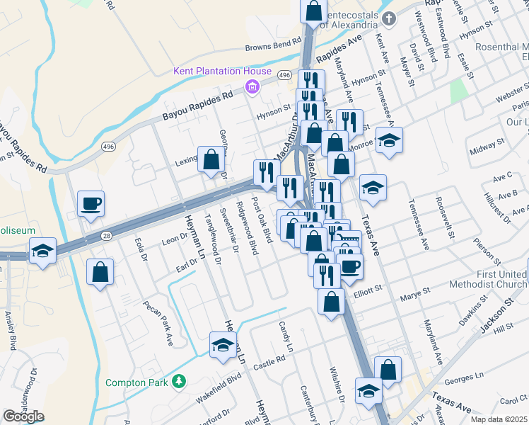 map of restaurants, bars, coffee shops, grocery stores, and more near 303 Post Oak Boulevard in Alexandria