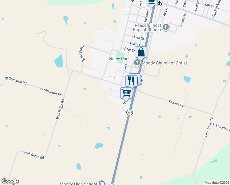 map of restaurants, bars, coffee shops, grocery stores, and more near 101 Rebecca Road in Moody