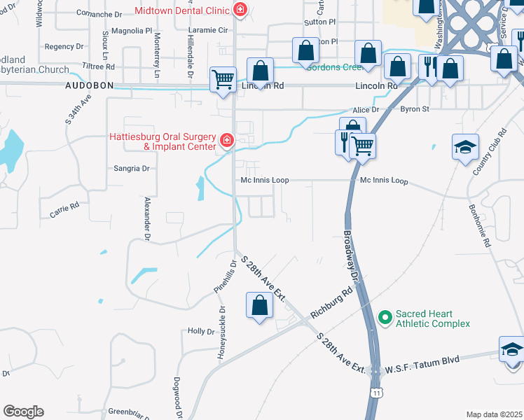 map of restaurants, bars, coffee shops, grocery stores, and more near 117 Westminister Street in Hattiesburg