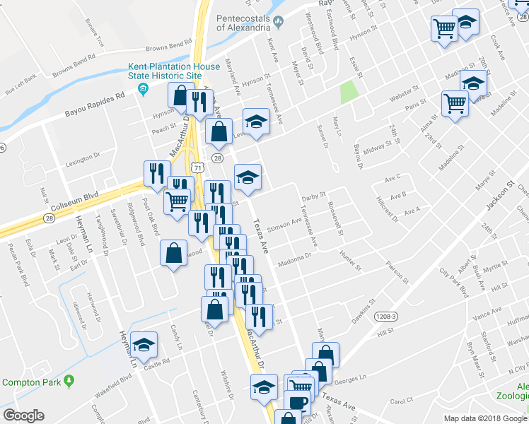 map of restaurants, bars, coffee shops, grocery stores, and more near 505 Texas Avenue in Alexandria