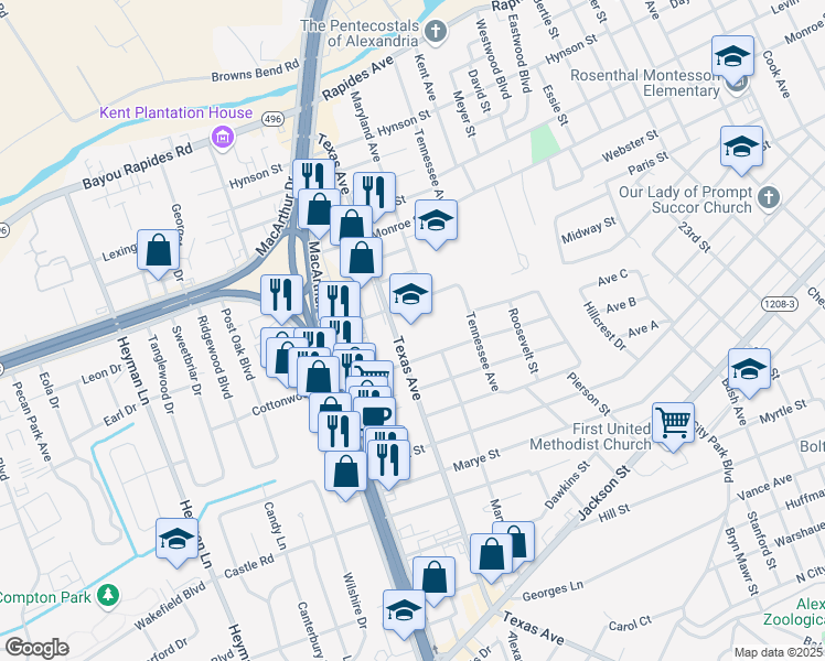 map of restaurants, bars, coffee shops, grocery stores, and more near 505 Texas Avenue in Alexandria