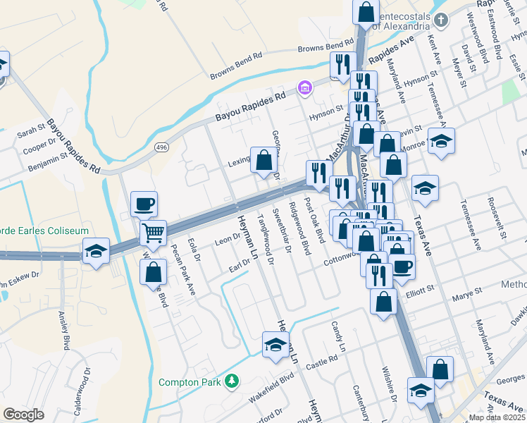 map of restaurants, bars, coffee shops, grocery stores, and more near 203 Tanglewood Drive in Alexandria