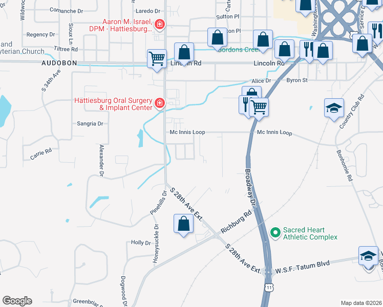 map of restaurants, bars, coffee shops, grocery stores, and more near 117 Westminister Street in Hattiesburg