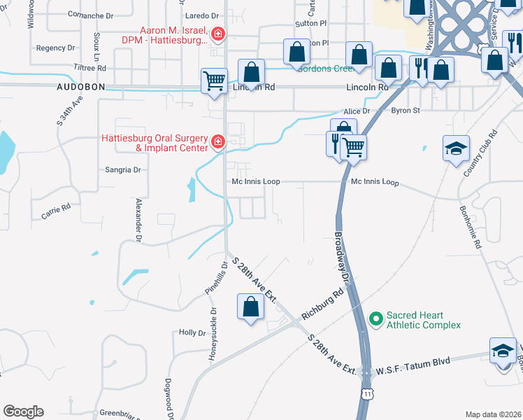 map of restaurants, bars, coffee shops, grocery stores, and more near 223 Sherwood Drive in Hattiesburg