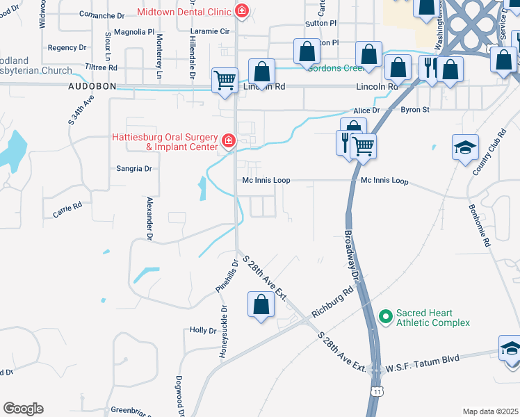map of restaurants, bars, coffee shops, grocery stores, and more near 119 Westminister Street in Hattiesburg