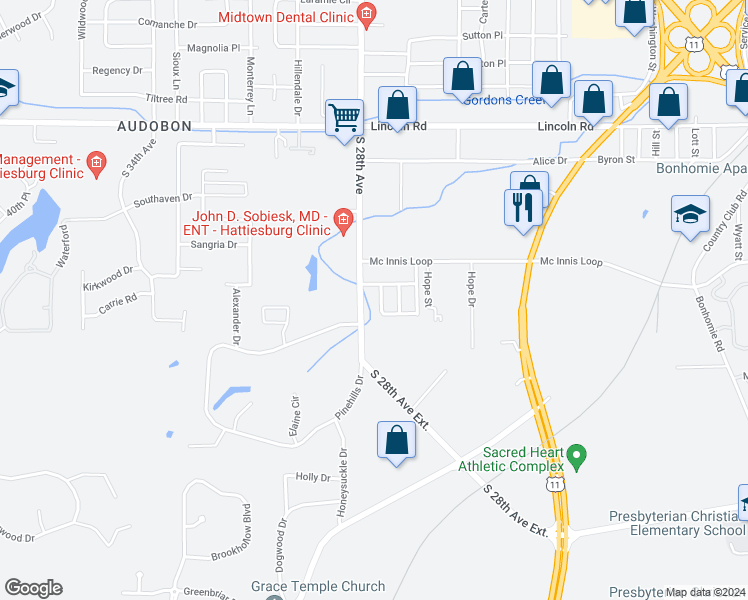 map of restaurants, bars, coffee shops, grocery stores, and more near 318 Woodshire Drive in Hattiesburg